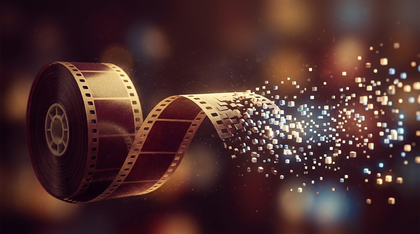 Eski tip film şeridi piksellere dönüşürken, fiziksel kameradan dijital veriye geçişi gösteren soyut görsel.